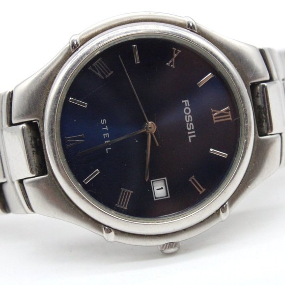 Vintage Fossil Steel Watch Mens Blue Dial Date Analog 36mm FS2701 Stainless Stee - Picture 6 of 8